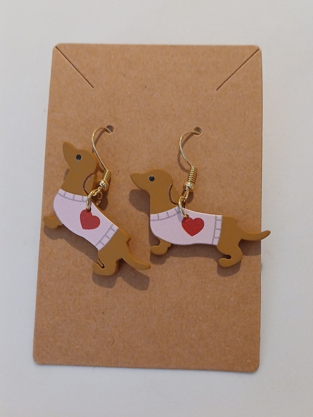 Fashion Jewelry Brown Dachshund Earrings with Pink Sweaters and Red Hearts